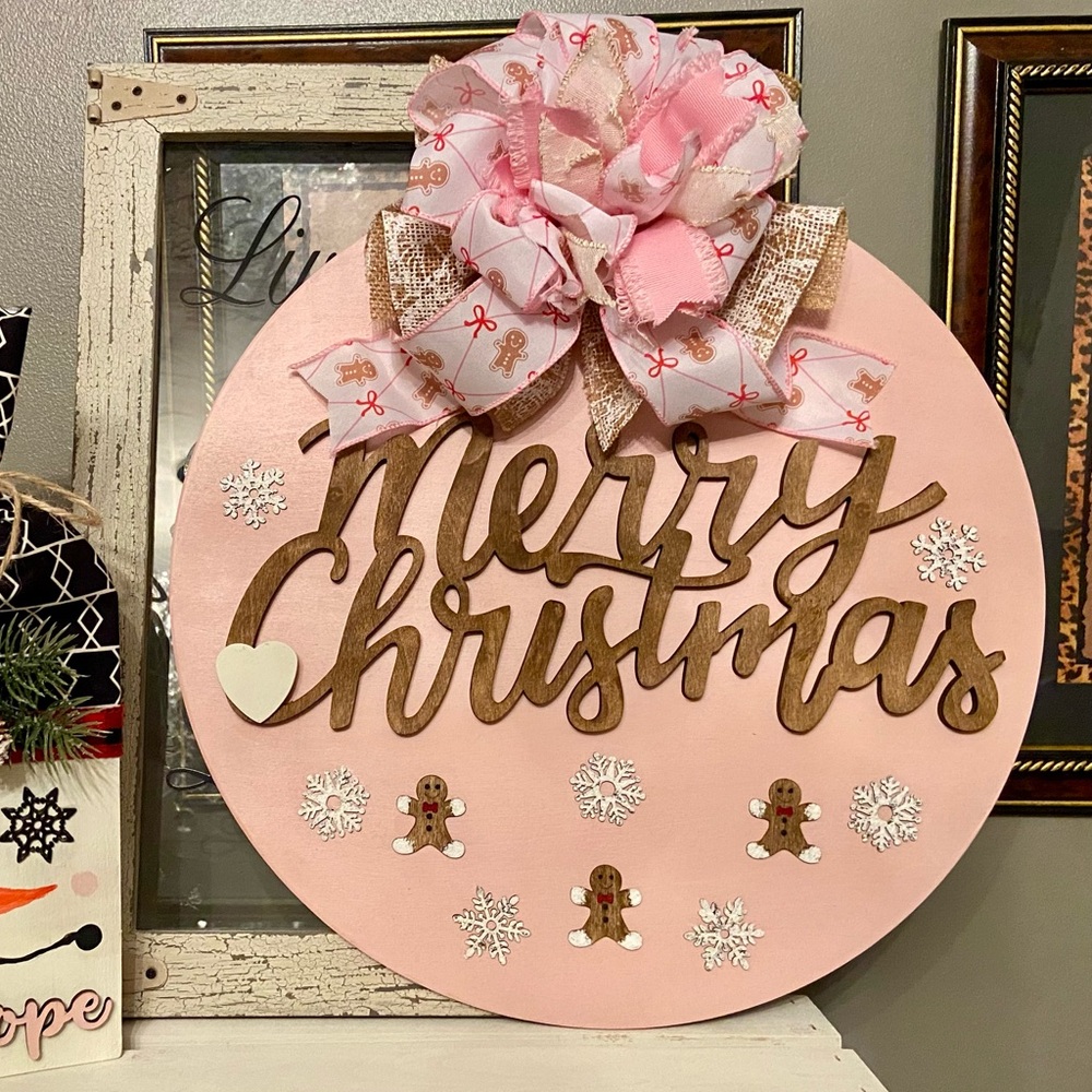 Gingerbread Studio M Pink and White Merry Christmas Sign